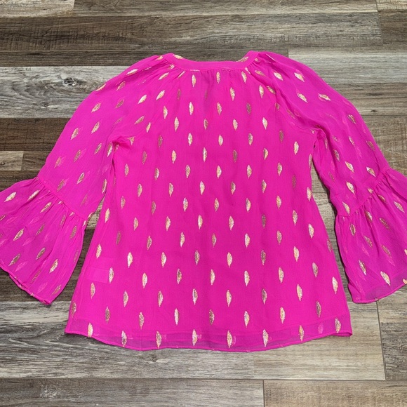 NWT Lily Pulitzer Blouse Extra Small XS Pink Gold Bell Sleeve Silk Top Boho - Picture 5 of 7